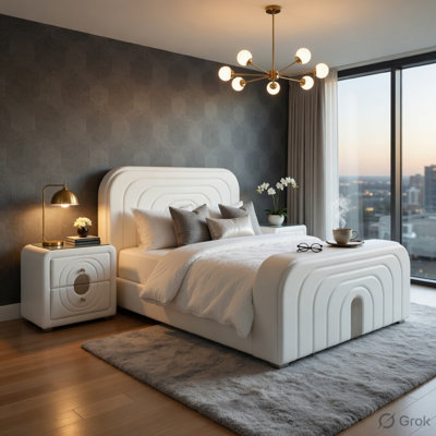 Ensemble de chambre à coucher grand lit, finition blanche, ensemble 3 pièces avec lit et deux tables de chevet
