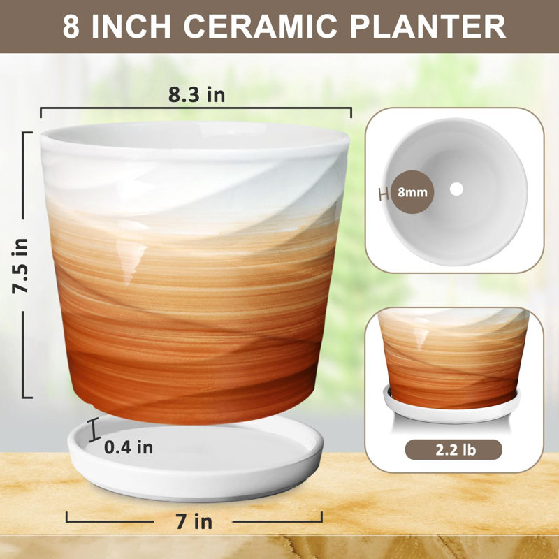 8" Ceramic Planter With Drainage & Saucer