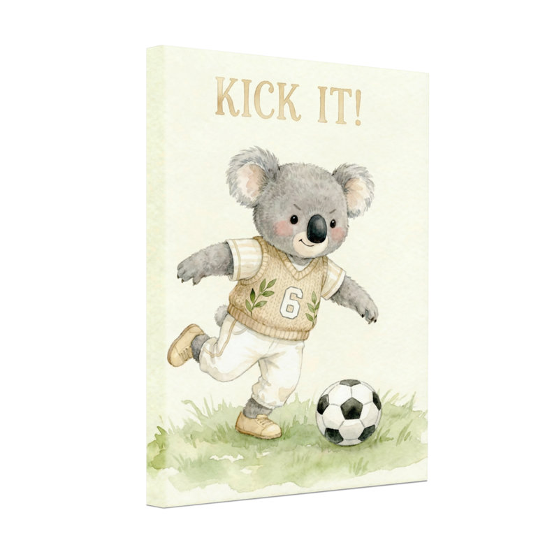 Animaux Koala jouant au soccer avec ballon et texte, H 30 po x l 20 po