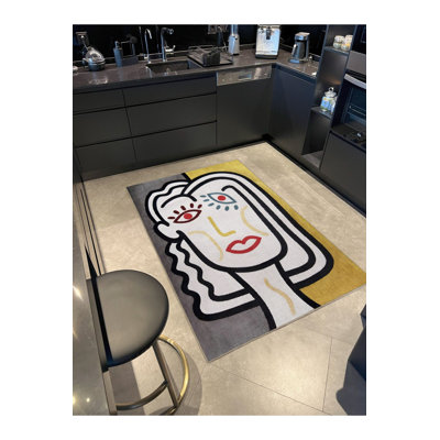Yellow Themed Surreal Woman Face Pattern Creative Modern Decorative Rug