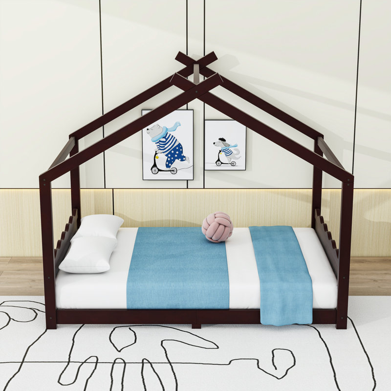 Wood House Floor Bed With Slats, Full, Espresso