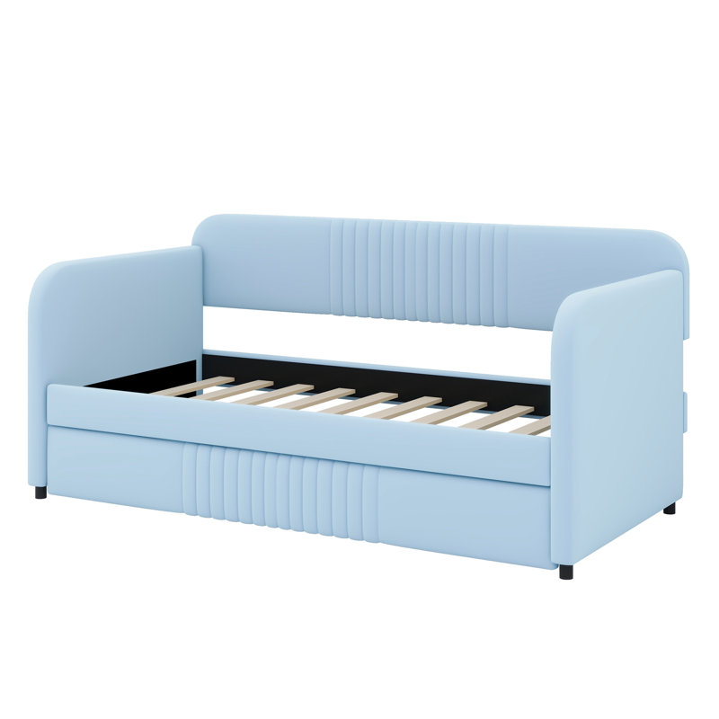 Upholstered Daybed Sofa Bed With Trundle Bed, Light Blue
