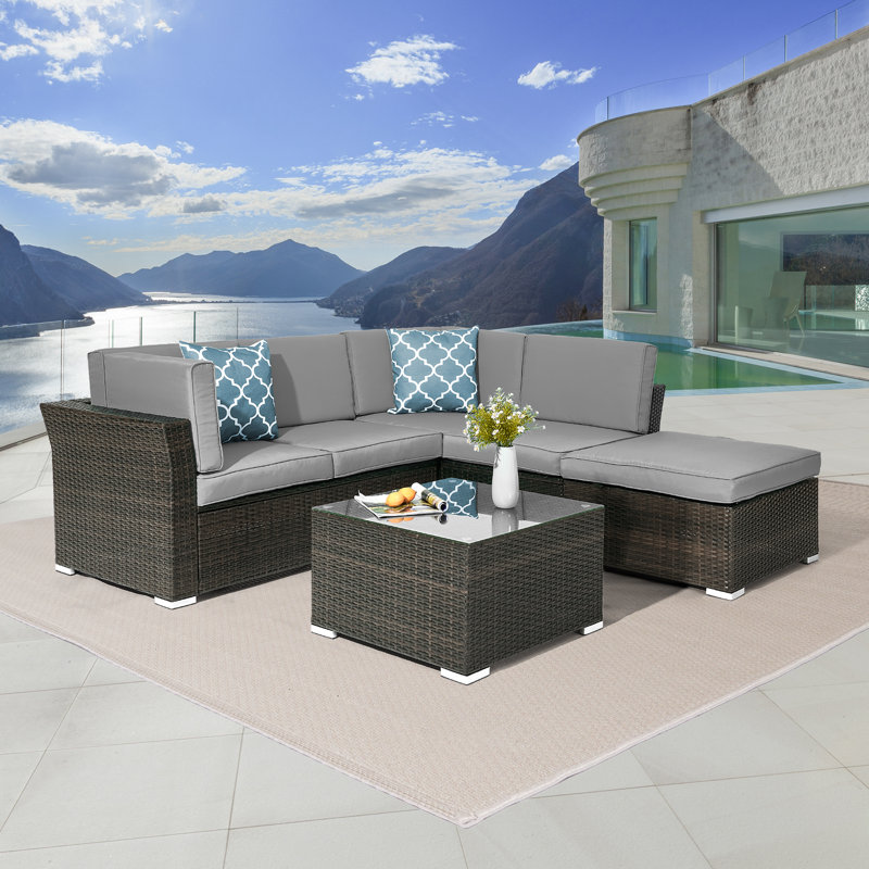 Ensemble de conversation modulaire en rotin avec coussins 4 pièces Elra, gris