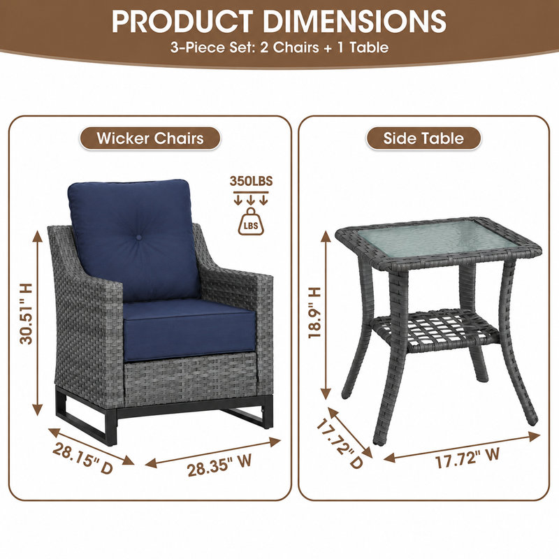 3 Piece Patio Furniture Set, Outdoor Conversation Set With 2 Wicker Armchairs And Glass Top Side Table, Pe Rattan Patio Chairs With 6 Inch Olefin Cushions, 350 Lbs Capacity For Porch, Balcony, Backyard, Deck, Grey/Blue