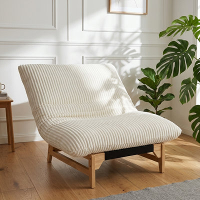 White Japandi Corduroy Armless Accent Chair with Wood Base for Living Room