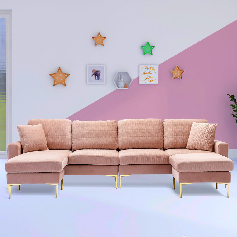 Canapé modulaire avec méridienne de 113,39 po avec repose-pieds Mialacs, Velours rose