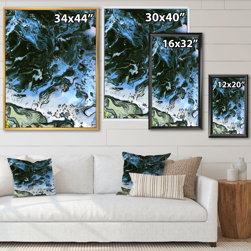 Noir et bleu liquide - Peinture sur toile, H 32 po x l 16 po x P 1 po, Cadre flottant doré