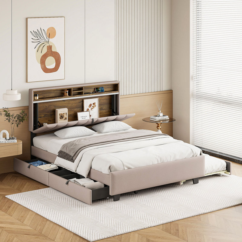Lit, lit plateforme tapissier avec tête de lit, lit gigogne, 2 tiroirs et un ensemble de prises et ports USB, tissu en lin