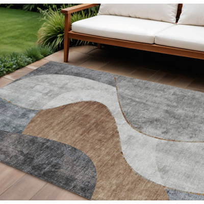 Tapis extérieur lavable abstrait gris anthracite et brun 9 pi x 12 pi