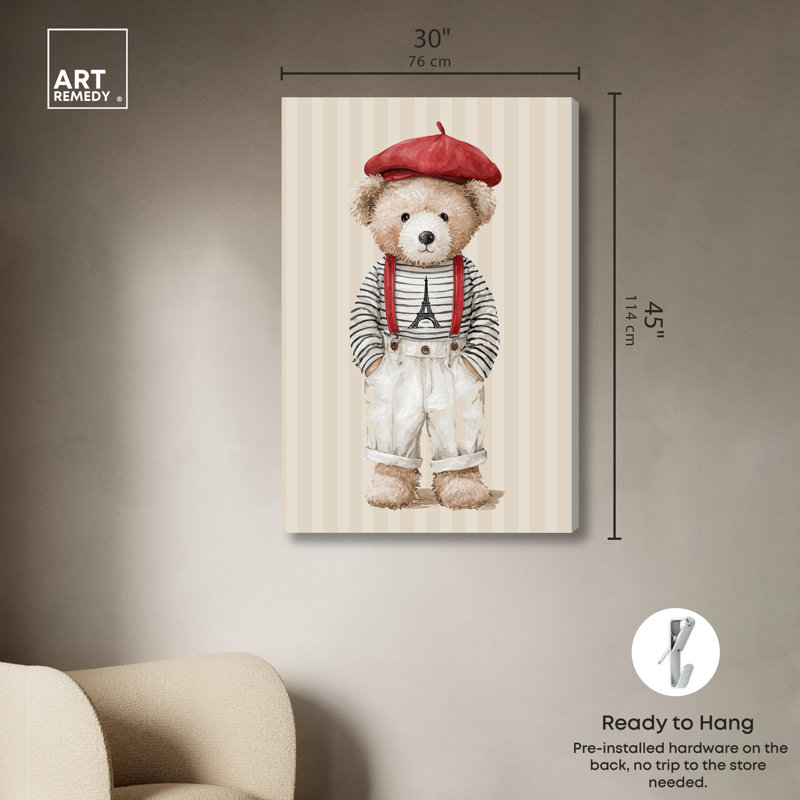 «Little Parisian Teddy Bear», reproduction d'art sur toile par Art Remedy, 30 x 45, H 45 po x l 30 po, Toile non encadrée