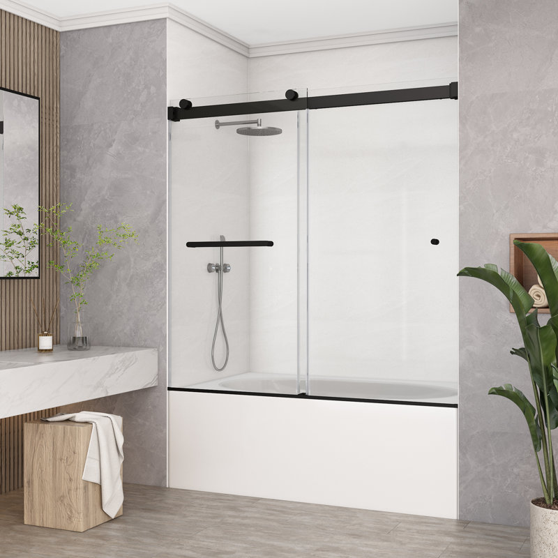 60"W x 60" H Double Sliding Frameless Tub Door with 5/16"(8mm) Clear Tempered Glass, Matte Black