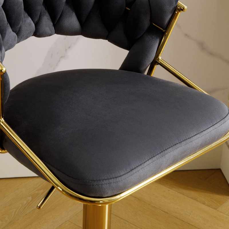 Adjustable Velvet Gold Bar Stools with Woven Open Back for Kitchen Island , Dark Grey