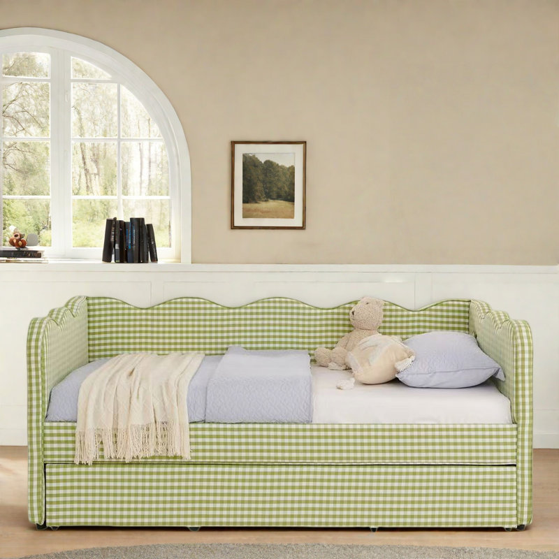 Lit de jour confortable avec couchette, port USB et adorable forme de vague, Vert