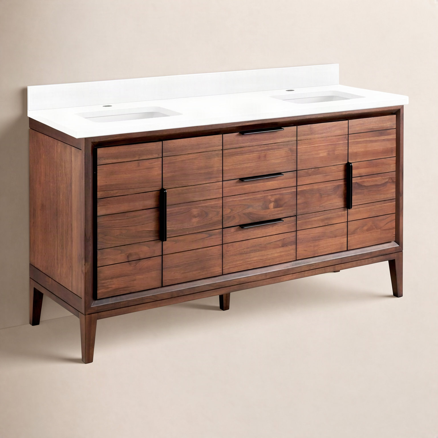 Aliso 60" Teak Double Bathroom Vanity, Feathered White Quartz, Java, Single-Hole Centered
