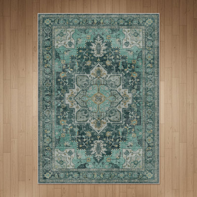 Roehit Oriental Teal Machine Washable Non-slip Rugs