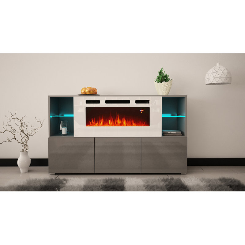 Camberlynn 63" Sideboard with Electric Fireplace, High Gloss Finish, Gray