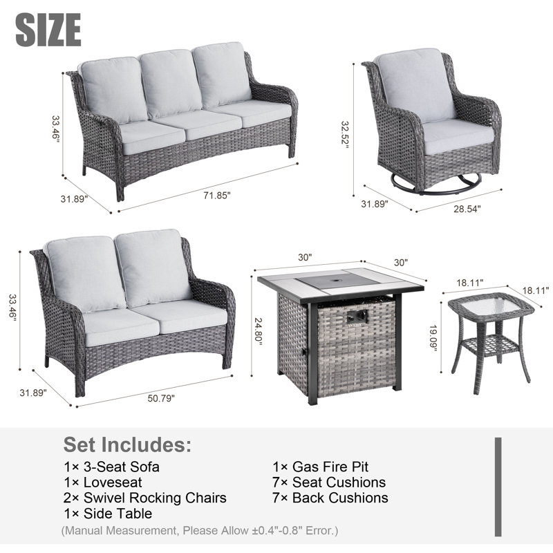Ensemble de conversation avec foyer 6 pièces avec coussins Aschraf, gris, H 24,8 po x l 30 po x P 30 po, Gris