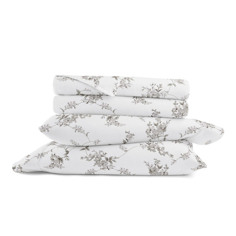 Ensemble de draps en flanelle de coton Varkala, Light Grey / Sylvan Rose, Full Sheet Set