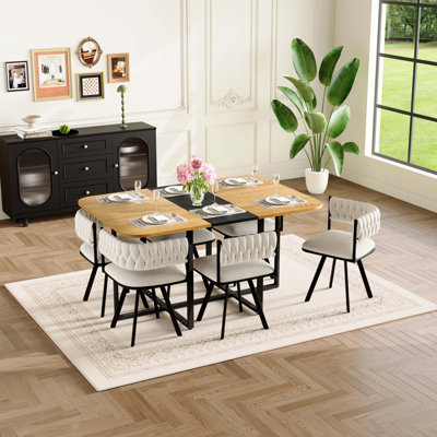 Rectangular Modern Dining Set For 6, Two-Tone Wood Grain Tabletop & 6 Velvet Chairs