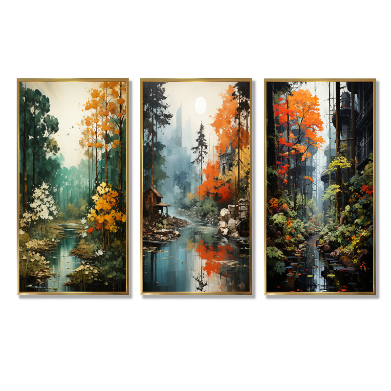 Haneesh - Ensemble de 3 impressions sur toile de forêt, Cadre flottant doré, H 32 po x l 48 po