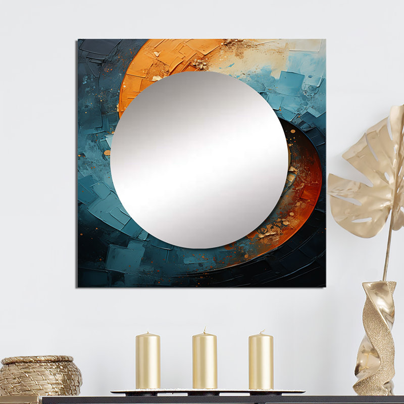 Décoration murale orange abstraite spirale abstraite I - grand miroir carré carré pour chambre à coucher, 36 po x 36 po
