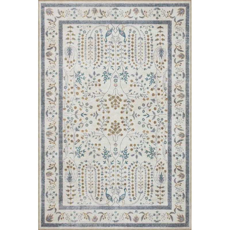 Bordered Gray Botanical Themed Patterned Woven Base Carpet And Washable Carpet, Round 3'4"