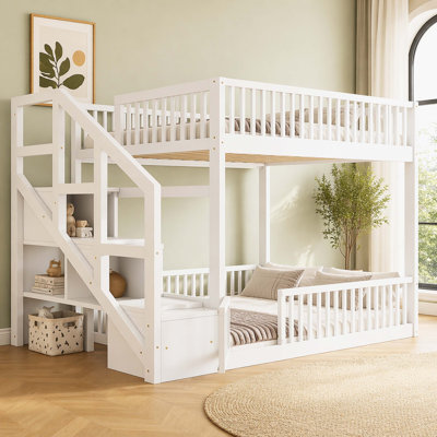 Solid Wood Full Over Full Low Floor Bunk Bed Frame, Kids Bunk Bed with Multi-Cubby Storage Staircase, Full-Length Vertical Slat Guardrails & Lower Bed Access Gate