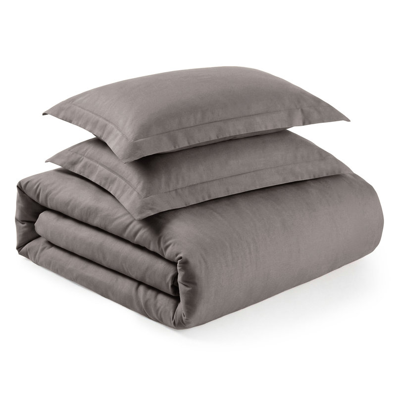 1200 Thread Count Cotton-Polyester Blend Solid Sateen Weave 3-Piece Duvet Cover Set, Full/Queen+ 2 Shams, Gray