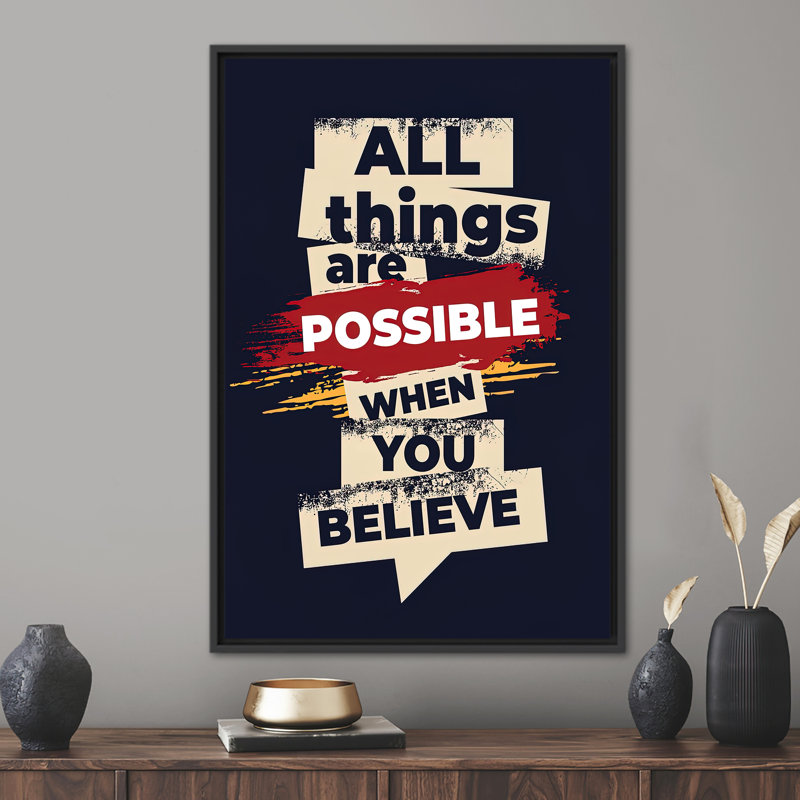 «Believe Quote Art Canvas: All Things Are possible Motivational Success», œuvre d'art murale, Noir, noir, noir, noir