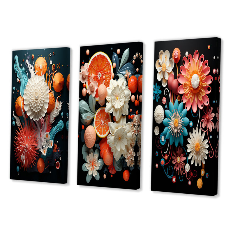 «Funky Foliage Vibrant Flowers On Black», 3 pièces, Toile tendue, H 28 po x l 36 po