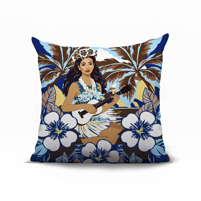 Oreiller carré réversible intérieur / extérieur Moana Palm, Bleu, Carré 15 po