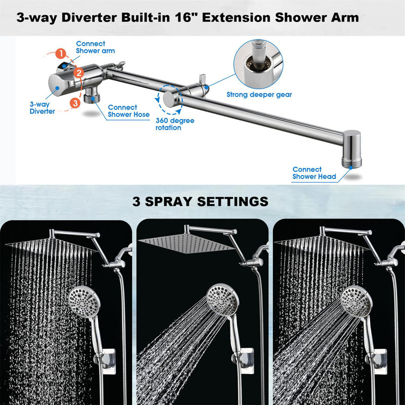 10-Spray Dual Shower System With 16’’ Adjustable Arm – High-Pressure Rainfall & Handheld Combo, 6Ft Hose & Built-In Diverter