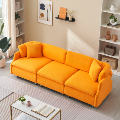 Comfortable 3 Seat With 95.3 Inches Velvet, Orange Fabric And Graceful Relaxing Throw Pillows For Living Space Velvet , Cozy Stylish Wonderful Decor