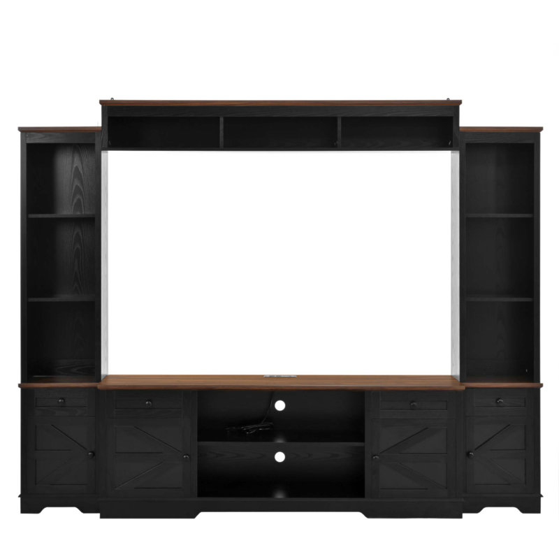 Meuble audio-vidéo de 98,8 pouces de large avec tablettes pour livres jusqu'à 80 pouces, meuble télé moderne avec armoires et tablettes réglables pour le salon