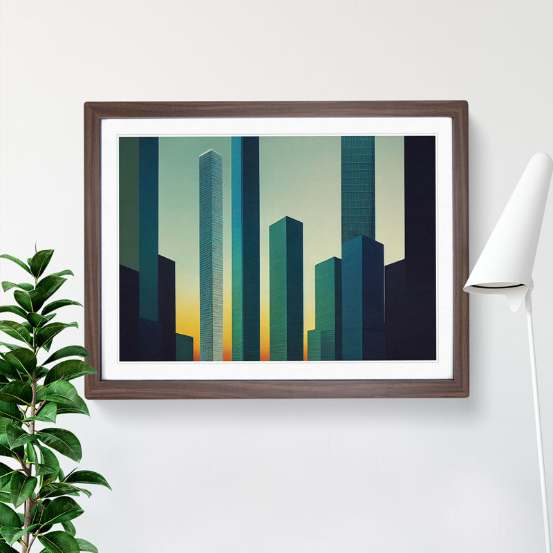 Elegant City Skyline Architecture 1 Piece Single Picture Frame Wall Art, 46cm H x 64cm W x 2cm D, Walnut