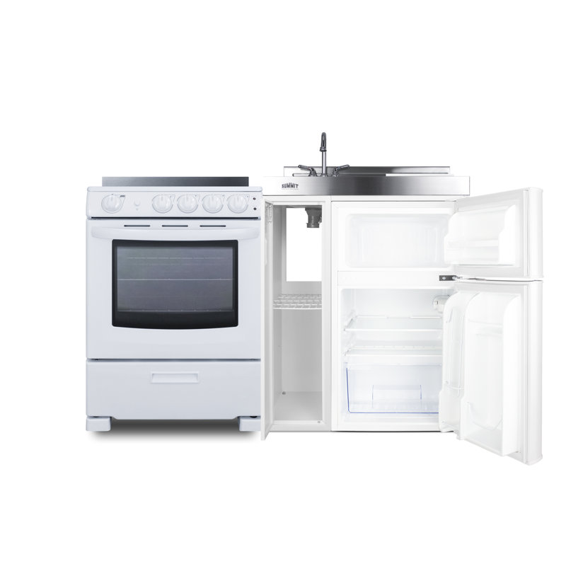 White Stainless Steel All-in-One Kitchenette with Refrigerator, Sink, and Range