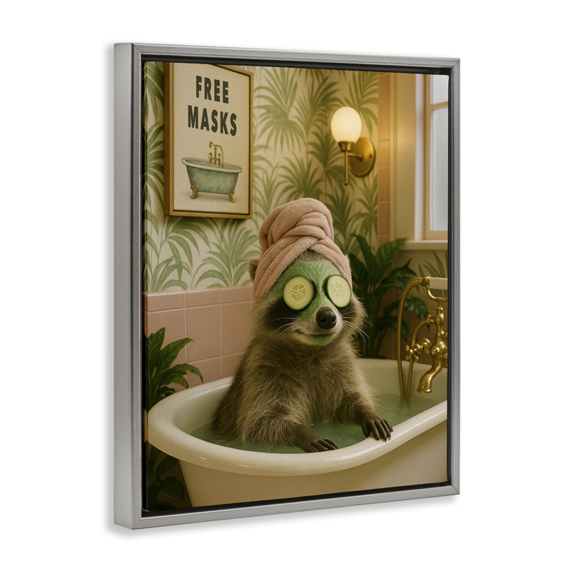 Cadre flottant pour salle de bain Raccoon Spa Day, design par Grotto Studios, H 31 po x l 25 po, Cadre flottant gris lustré