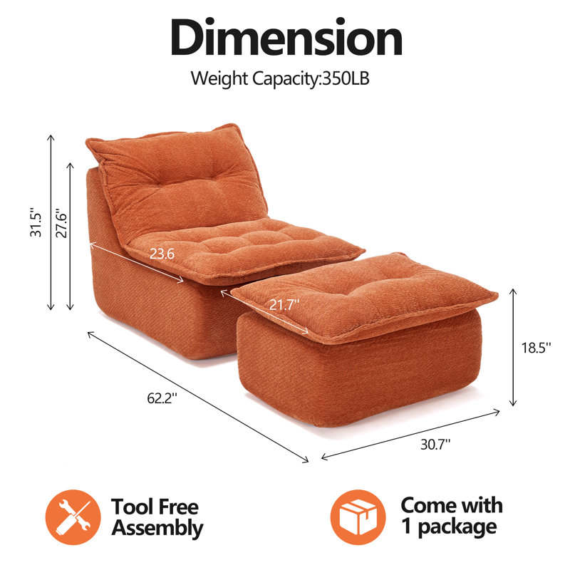 Upholstered Chaise Lounge with Moveable Ottoman, Indoor Soft Cozy Sofa , Orange