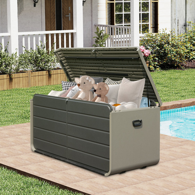 Outdoor and Indoor Plastic Storage Deck Box with Lock and Wheels, 25.99" H x 62.99" W x 29.92" D