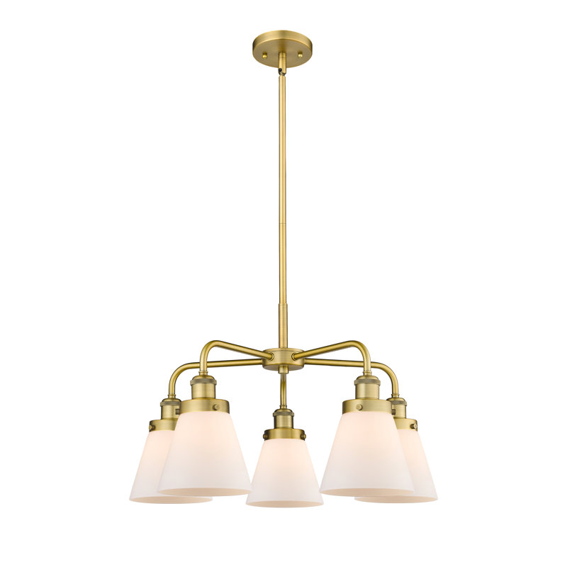 Cone 5 Light Stem Hung Chandelier, Matte White, Brushed Brass