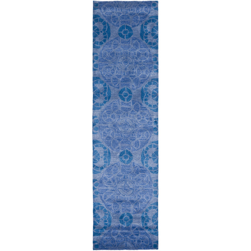 Kouerga Hand Tufted Wool/Viscose Damask Rug in Blue, Runner 2'3" x 9'