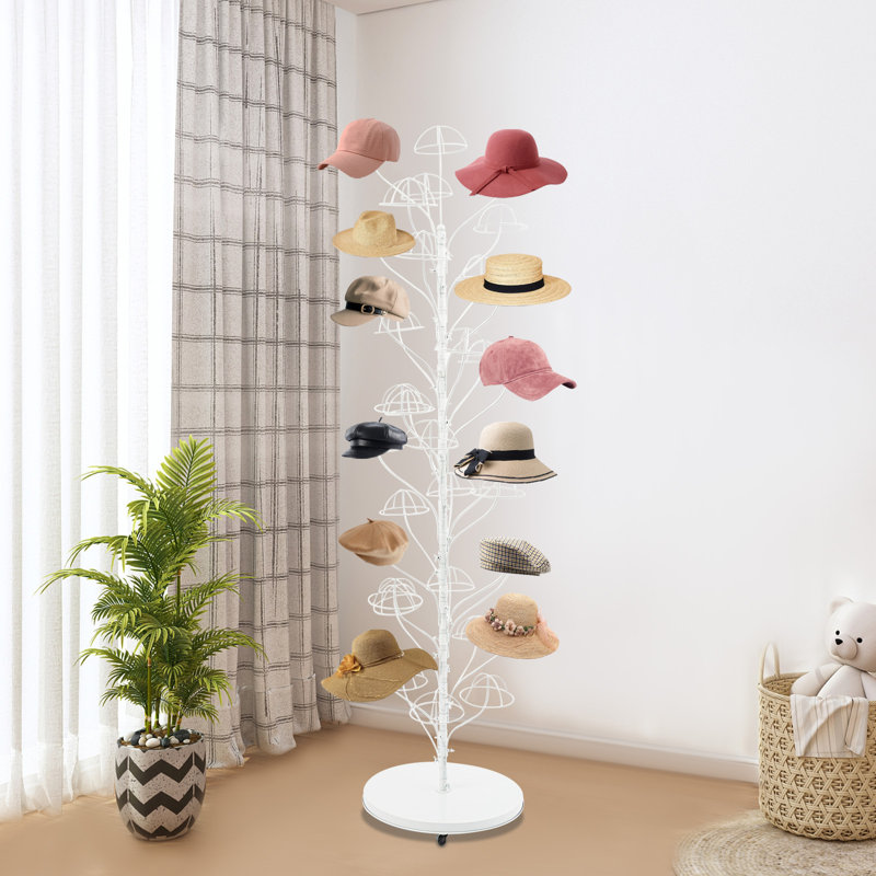 White 19.69" W x 19.69" D x 68.90" H Tree-Like Hat Rack, 35-Tier Metal Boutique Display Stand with Dome-Shaped Holders, White