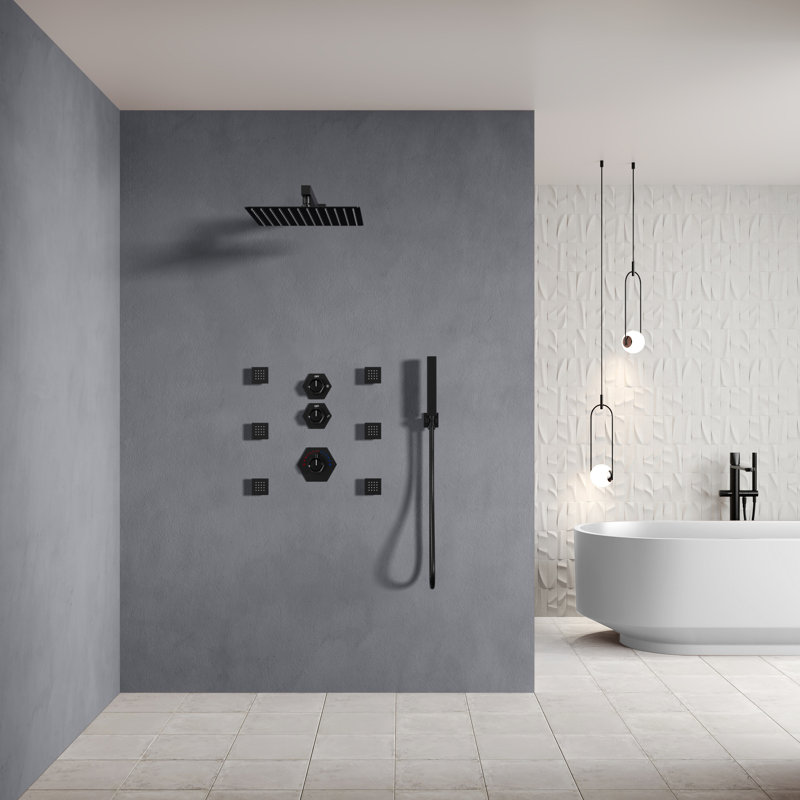 RelaxaJet Thermostatic Shower System 12" Wall Mounted High-Pressure Rainfall Shower Head with Handheld Shower,Body Jet