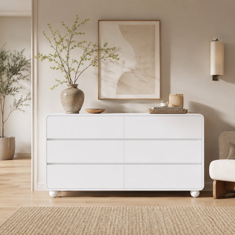 Commode moderne à 6 tiroirs avec coins arrondis, commode de rangement spacieuse, commode de chambre à coucher sans poignée pour chambre à coucher, chambre de bébé, salon et entrée