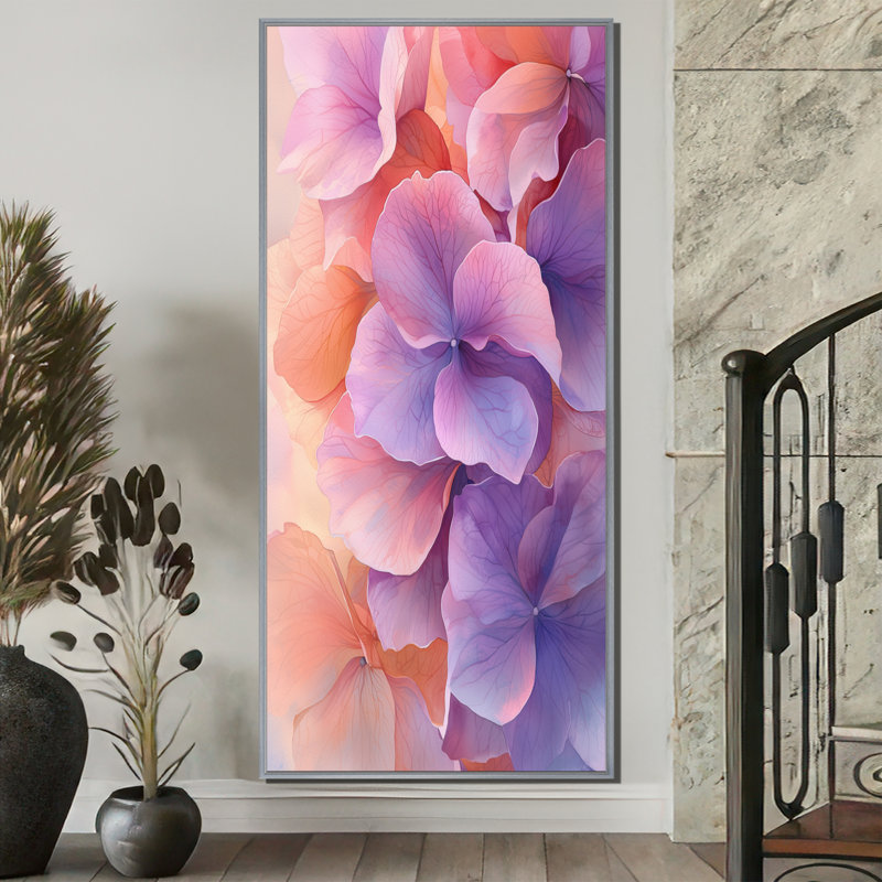 Lavande fluide, Hortensia fluide I - Hydrangea, art mural, H 60 po x l 28 po, Reproduction avec cadre flottant, Argent argent