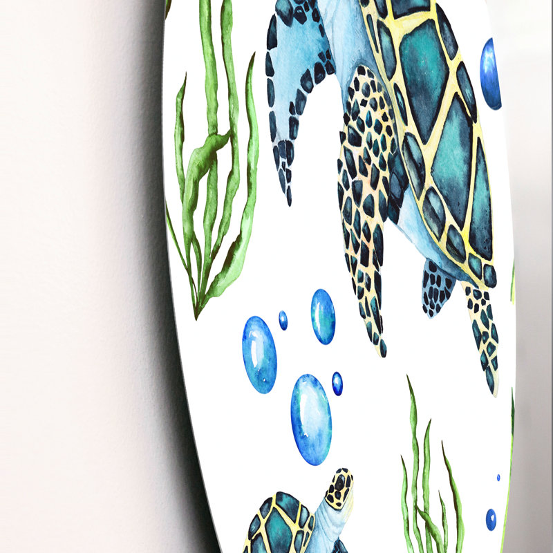 Tortue de mer, algues et bulles - Art mural à motif de cercle en métal, H 36 po x l 36 po