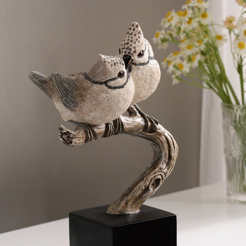 Couple Crested Tit On Branch Lifelike Bird Resin Home Tabletop Decor