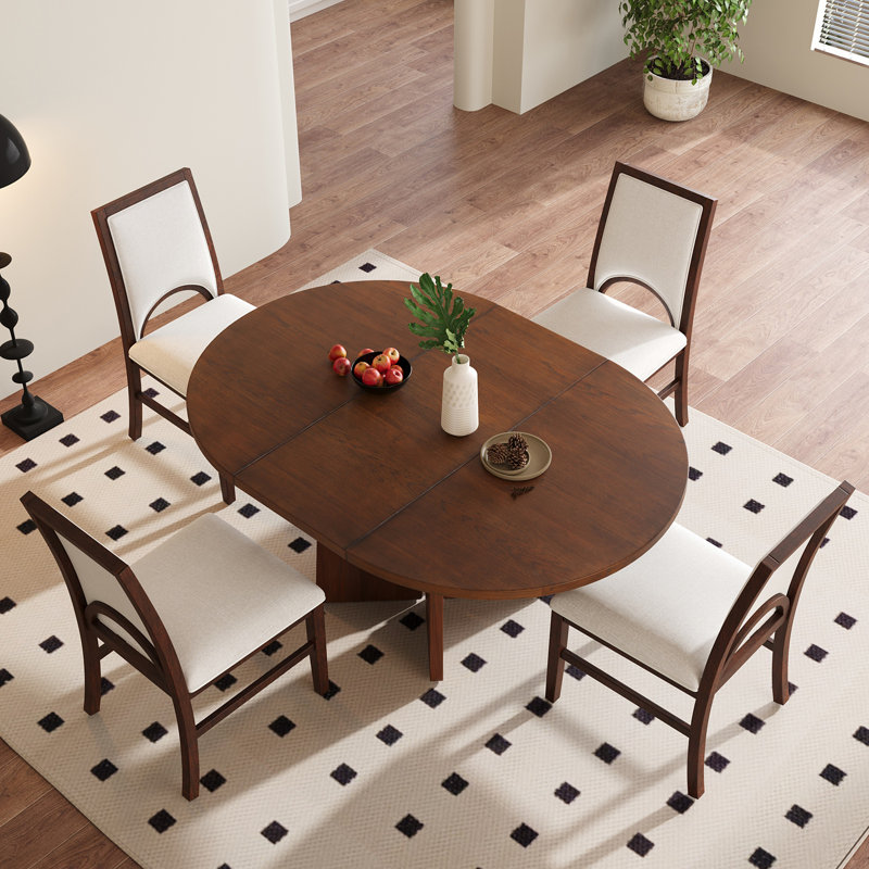 Ensemble de table de salle à manger en bois avec 4 chaises rembourrées et rallonge amovible, Brun