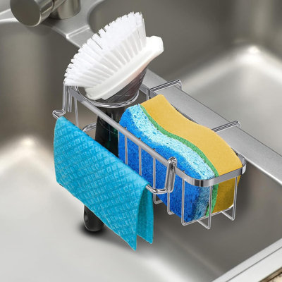 Over‑Divider Saddle Sink Caddy 3‑in‑1 Hanging Sponge Brush Holder for Double Bowl Kitchen Sink