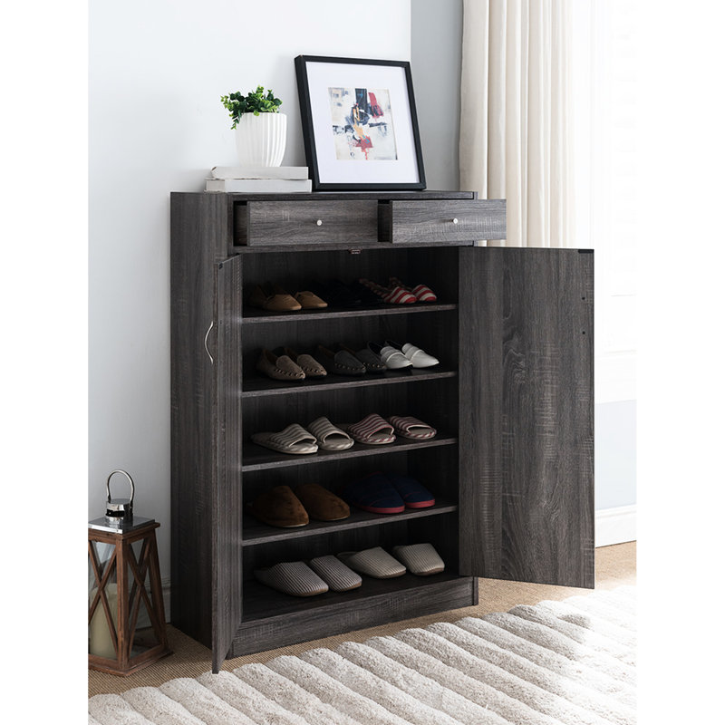 Armoire de rangement pour chaussures à deux portes - tiroirs, capacité de 15 paires, abat-jour gris et rangement de tiroirs